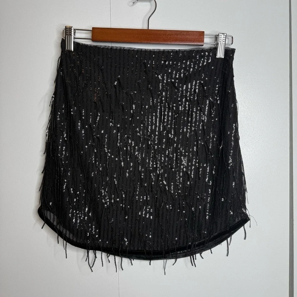 Avec Les Filles Black sequined Fringe mini Skirt NWT XS